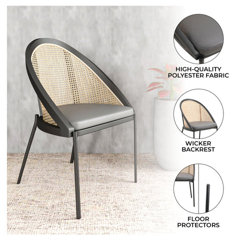 Urbane Dining Chair with Vinyl Fabric Seat and Wicker/Vinyl Backrest in Black Stainless Steel