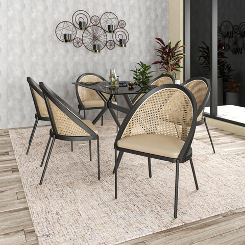 Urbane Dining Chair with Vinyl Fabric Seat and Wicker/Vinyl Backrest in Black Stainless Steel