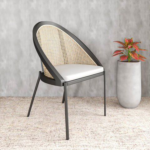 Urbane Dining Chair with Vinyl Fabric Seat and Wicker/Vinyl Backrest in Black Stainless Steel