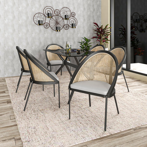 Urbane Dining Chair with Vinyl Fabric Seat and Wicker/Vinyl Backrest in Black Stainless Steel