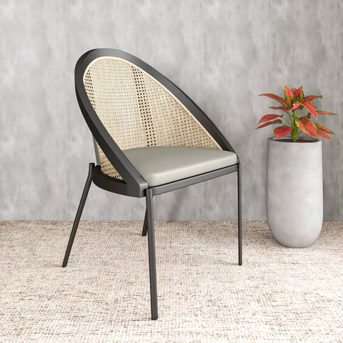 Urbane Dining Chair with Vinyl Fabric Seat and Wicker/Vinyl Backrest in Black Stainless Steel