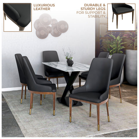 Viva Dining Side Chair Upholstered in Leather with Brown Rubberwood Legs