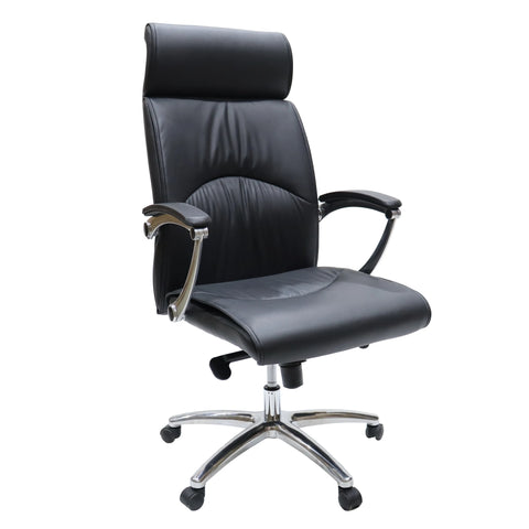 High-Back Leather Office Chair with Aluminum Base and Swivel, and Tilt