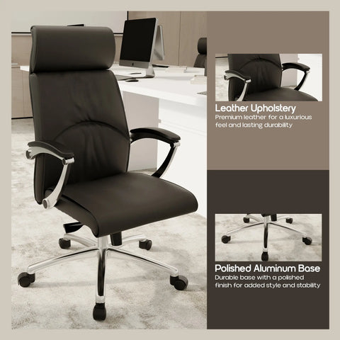 High-Back Leather Office Chair with Aluminum Base and Swivel, and Tilt