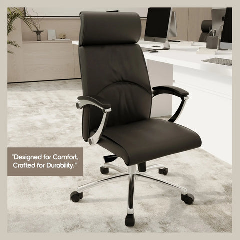 High-Back Leather Office Chair with Aluminum Base and Swivel, and Tilt