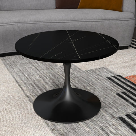 Verve Round Coffee Table with MDF/Resin/Sintered Stone Tabletop and Black Stainless Steel Base