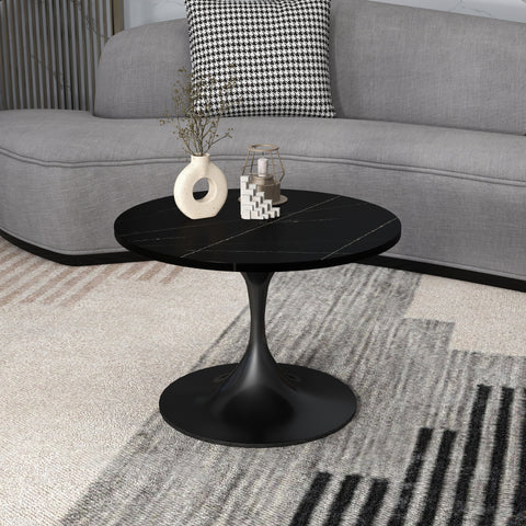 Verve Round Coffee Table with MDF/Resin/Sintered Stone Tabletop and Black Stainless Steel Base