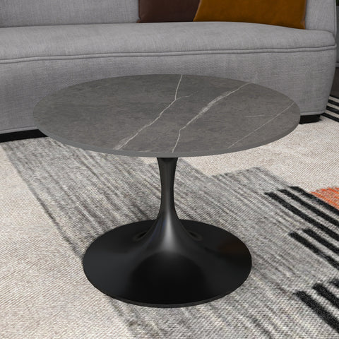 Verve Round Coffee Table with MDF/Resin/Sintered Stone Tabletop and Black Stainless Steel Base