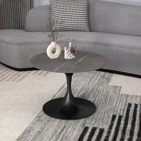 Verve Round Coffee Table with MDF/Resin/Sintered Stone Tabletop and Black Stainless Steel Base