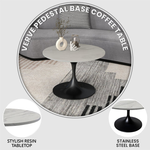 Verve Round Coffee Table with MDF/Resin/Sintered Stone Tabletop and Black Stainless Steel Base