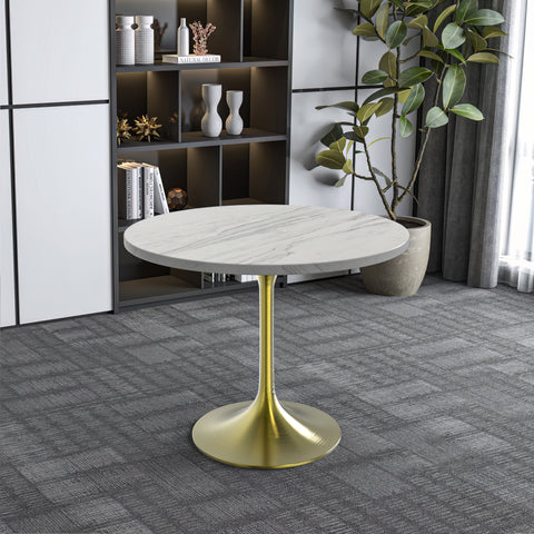 Verve Round Dining Table with MDF/Sintered Stone/Resin Tabletop in Gold Stainless Steel Pedestal Base