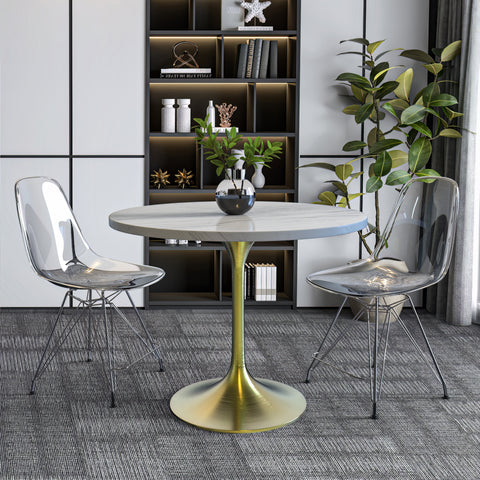 Verve Round Dining Table with MDF/Sintered Stone/Resin Tabletop in Gold Stainless Steel Pedestal Base