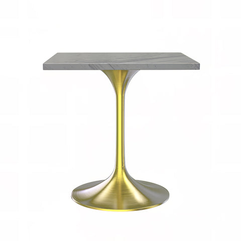 Verve Square Dining Table with a Laminated White Marbleized Tabletop and Brushed Gold Stainless Steel Base