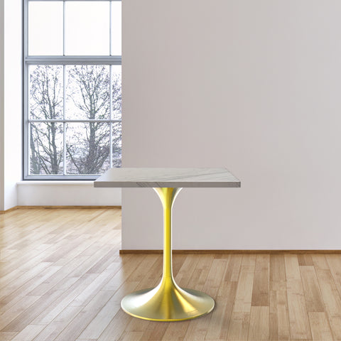 Verve Square Dining Table with a Laminated White Marbleized Tabletop and Brushed Gold Stainless Steel Base