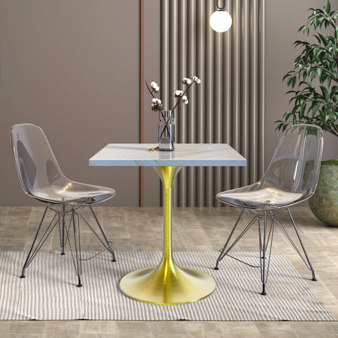 Verve Square Dining Table with a Laminated White Marbleized Tabletop and Brushed Gold Stainless Steel Base