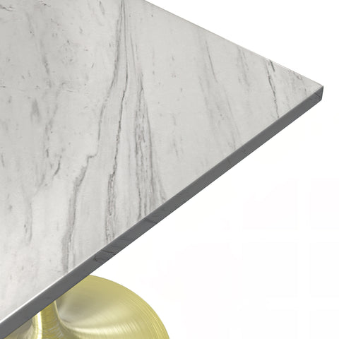 Verve Square Dining Table with a Laminated White Marbleized Tabletop and Brushed Gold Stainless Steel Base