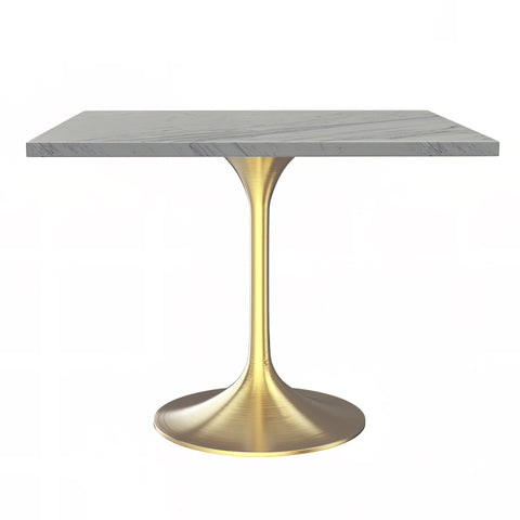 Verve Square Dining Table with a Laminated White Marbleized Tabletop and Brushed Gold Stainless Steel Base