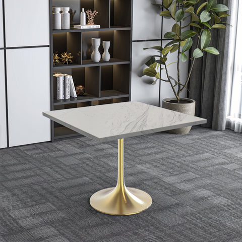 Verve Square Dining Table with a Laminated White Marbleized Tabletop and Brushed Gold Stainless Steel Base