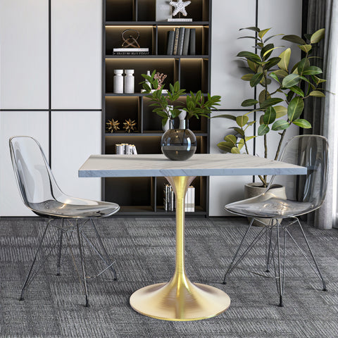 Verve Square Dining Table with a Laminated White Marbleized Tabletop and Brushed Gold Stainless Steel Base