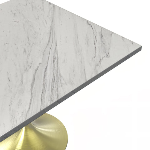 Verve Square Dining Table with a Laminated White Marbleized Tabletop and Brushed Gold Stainless Steel Base