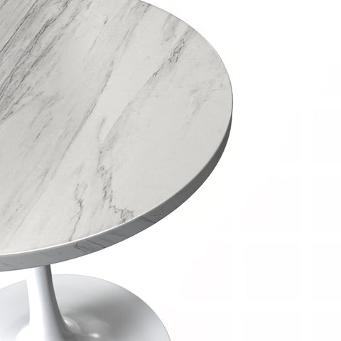 Verve Modern Round Dining Table with a White Resin Tabletop and White Steel Pedestal Base