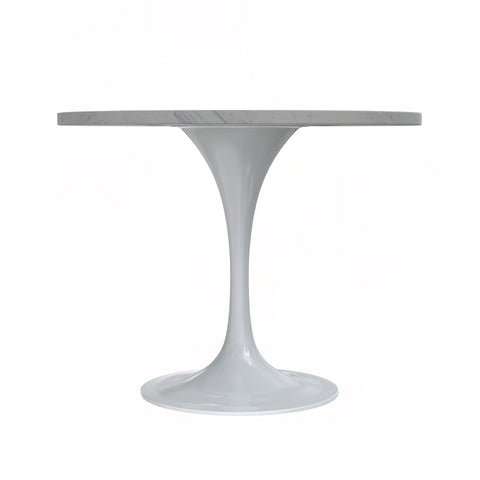 Verve Modern Round Dining Table with a White Resin Tabletop and White Steel Pedestal Base