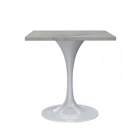 Verve Modern Square Dining Table with a Laminated White Marbleized Tabletop and White Steel Pedestal Base