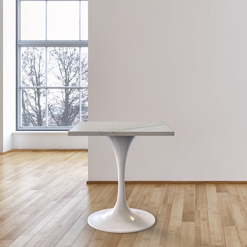 Verve Square Dining Table with a Laminated White Marbleized Tabletop and White Steel Pedestal Base