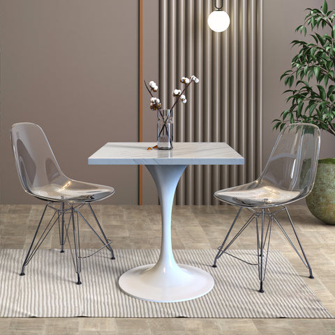 Verve Modern Square Dining Table with a Laminated White Marbleized Tabletop and White Steel Pedestal Base