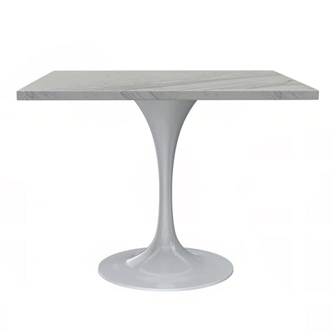 Verve Square Dining Table with a Laminated White Marbleized Tabletop and White Steel Pedestal Base