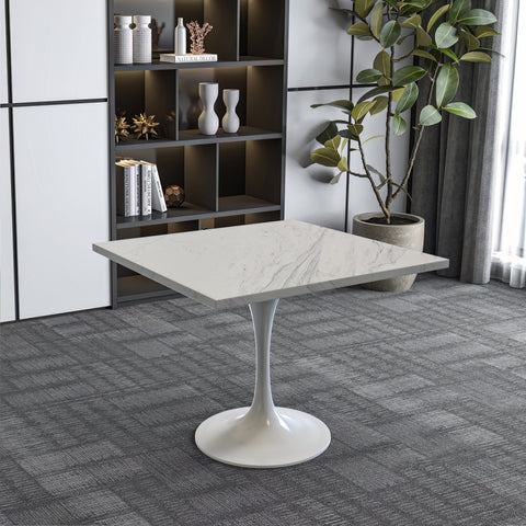 Verve Modern Square Dining Table with a Laminated White Marbleized Tabletop and White Steel Pedestal Base