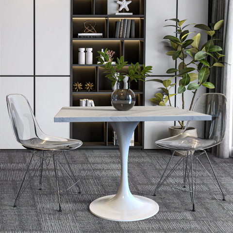 Verve Square Dining Table with a Laminated White Marbleized Tabletop and White Steel Pedestal Base