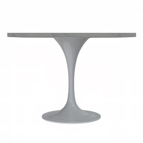 Verve Modern Square Dining Table with a Laminated White Marbleized Tabletop and White Steel Pedestal Base