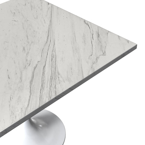 Verve Modern Square Dining Table with a Laminated White Marbleized Tabletop and White Steel Pedestal Base