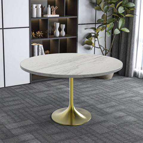 Verve Round Dining Table with MDF/Sintered Stone/Resin Tabletop in Gold Stainless Steel Pedestal Base