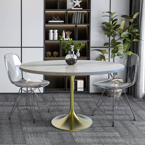 Verve Round Dining Table with MDF/Sintered Stone/Resin Tabletop in Gold Stainless Steel Pedestal Base