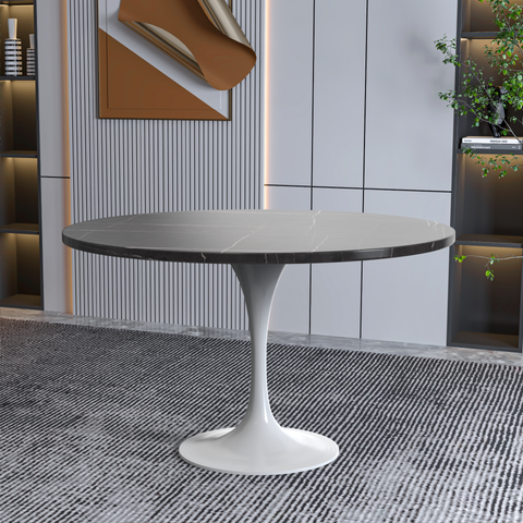 Verve 48" Round Dining Table with Sintered Stone Tabletop in White Steel Pedestal Base