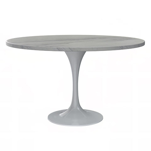 Verve Modern Round Dining Table with a White Resin Tabletop and White Steel Pedestal Base