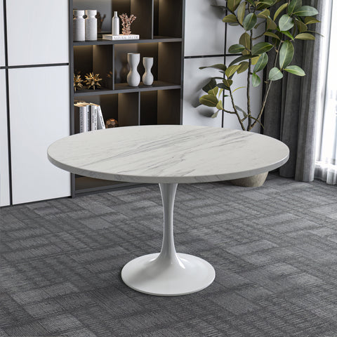 Verve Modern Round Dining Table with a White Resin Tabletop and White Steel Pedestal Base