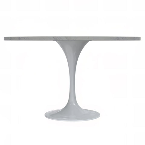 Verve Modern Round Dining Table with a White Resin Tabletop and White Steel Pedestal Base