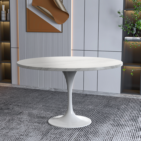 Verve 48" Round Dining Table with Sintered Stone Tabletop in White Steel Pedestal Base