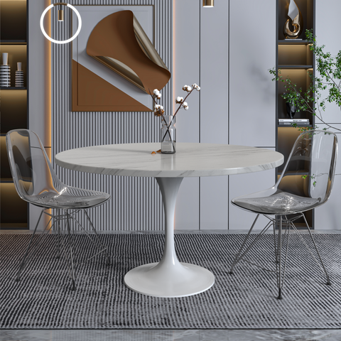 Verve 48" Round Dining Table with Sintered Stone Tabletop in White Steel Pedestal Base