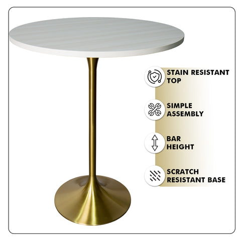 Verve Bar Height Dining Table with Round MDF, Sintered Stone, or Resin Top & Gold Stainless Steel Base