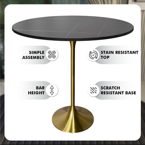 Verve Bar Height Dining Table with Round MDF, Sintered Stone, or Resin Top & Gold Stainless Steel Base