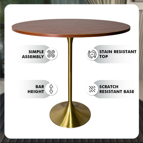 Verve Bar Height Dining Table with Round MDF, Sintered Stone, or Resin Top & Gold Stainless Steel Base