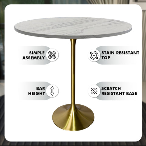 Verve Bar Height Dining Table with Round MDF, Sintered Stone, or Resin Top & Gold Stainless Steel Base