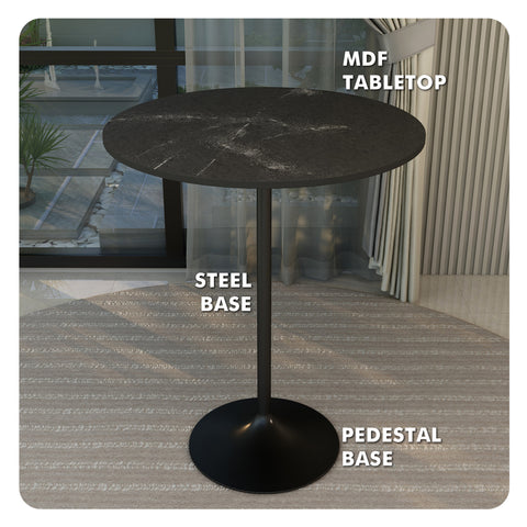 Verve Bar Height Dining Table with Round MDF, Sintered Stone, or Resin Top & Black Stainless Steel Base