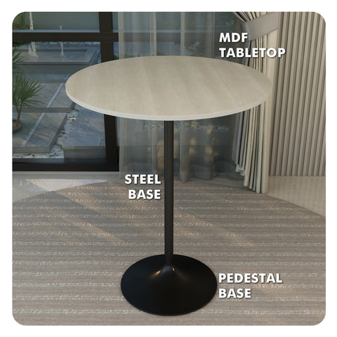 Verve Bar Height Dining Table with Round MDF, Sintered Stone, or Resin Top & Black Stainless Steel Base