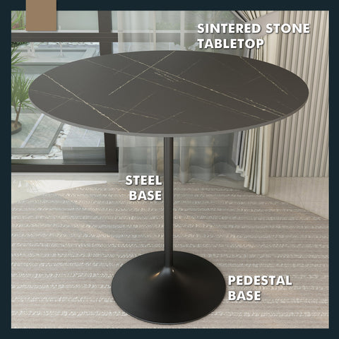 Verve Bar Height Dining Table with Round MDF, Sintered Stone, or Resin Top & Black Stainless Steel Base