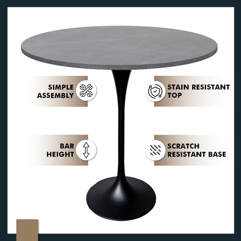 Verve Bar Height Dining Table with Round MDF, Sintered Stone, or Resin Top & Black Stainless Steel Base